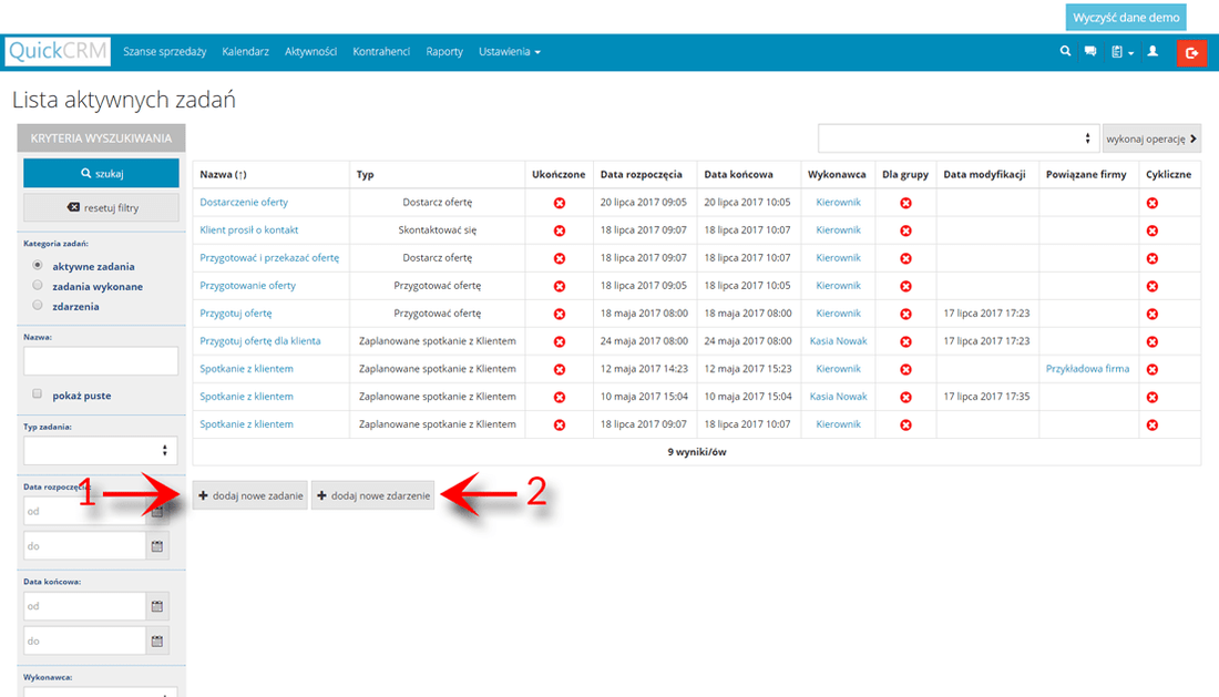 dodawanie zadań i zdarzeń