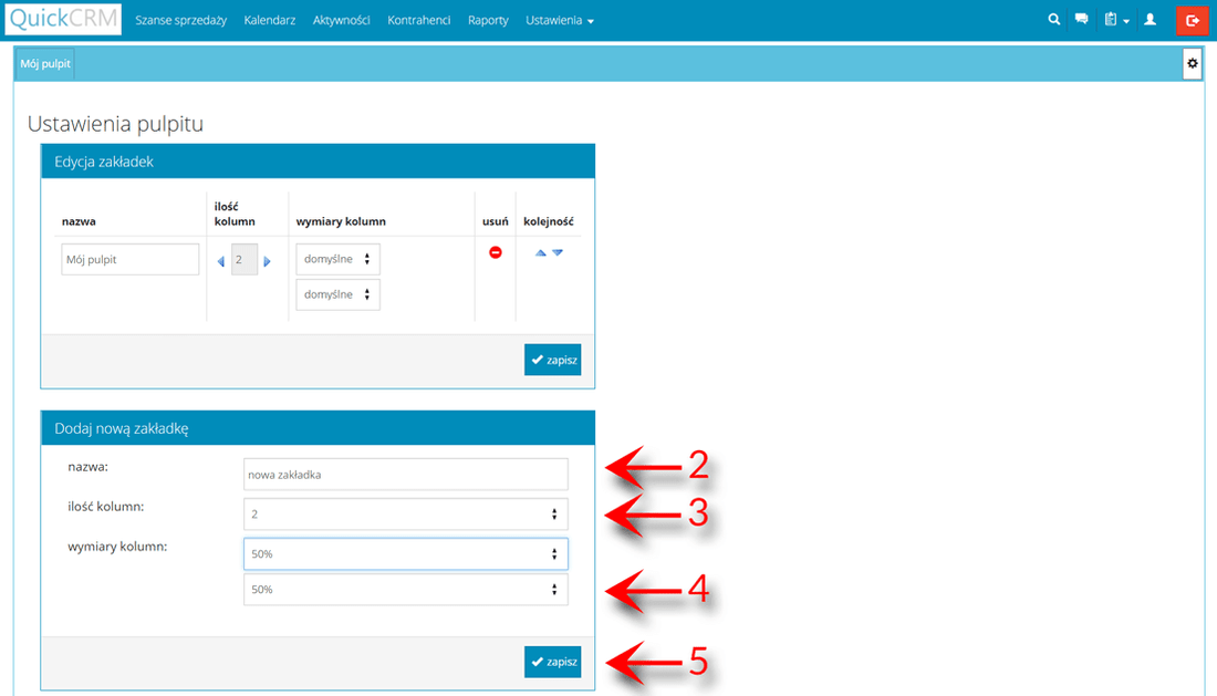 Dynamiczny pulpit tworzenie zakładek